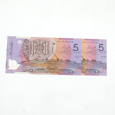 2005 First and Last Prefix Uncirculated Australian $5 Macfarlane/ Henry Polymer Notes, BA05107907 and KC05934440