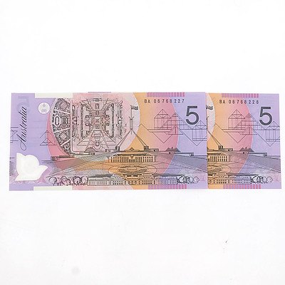 2006 First Prefix Consecutively Numbered Uncirculated $5 Notes, BA06768227 and BA06768228