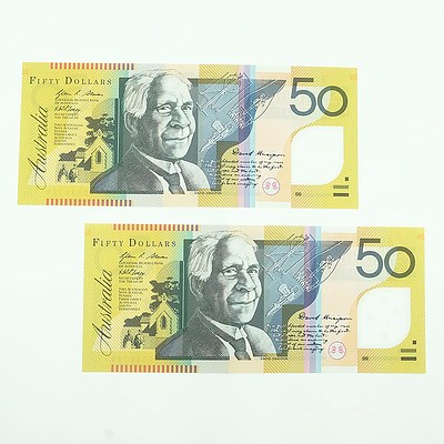 Two 2010 Consecutively Numbered Uncirculated $50 Polymer Notes, AG10638758-AG10638759