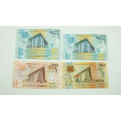 Group of Consecutively Numbered Papua New Guinea $50, $20 and $10 Notes