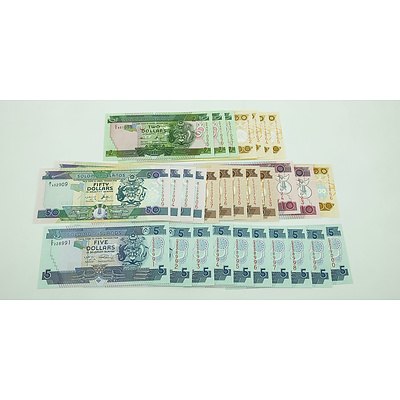 Group of Consecutively Numbered Solomon Islands $2, $5, $10, $20, $50 and $100 Notes