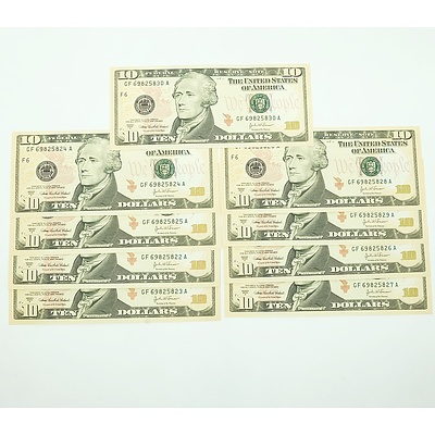 Nine Consecutively Numbered Unites States of American $10 Notes, GF69825822A-GF69825830A
