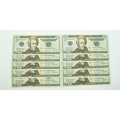 Ten Consecutively Numbered Unites States of American $20 Notes, GB92588191B-GB92588200B