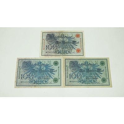 Three German 1908 100 Mark Certificates
