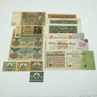 Group of German Certificates, Including 1010 20 Mark, 1923 50 Million Mark, 1920 100 Mark and More