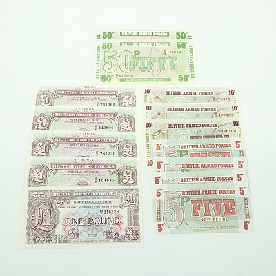 Group of British Armed Forces Currency, Including One Pound, 50 Pence, 10 Pence and 5 pence