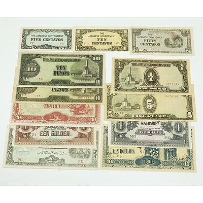 Group of Japanese Occupation Currency, Including Ten Dollars, ten Pesos, Ten Rupees and More