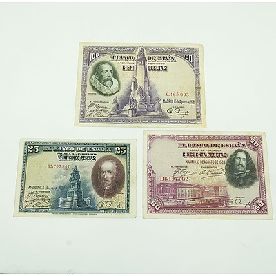 Three 1928 Spanish Banknotes