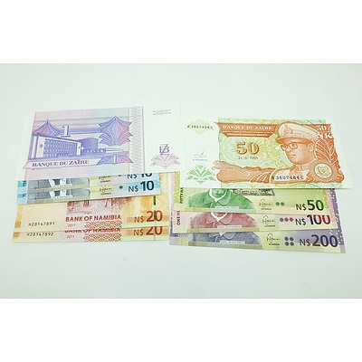 Large Group of Banknotes from Zambia, Nambia and Zaire