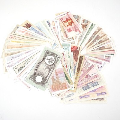 Large Group of Banknotes From Argentina, Croatia, Belarus, Czechoslovakia, Hungary, Latvia, Lithuania, Yugoslavia