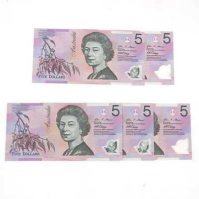 2007 Five Consecutively Numbered Uncirculated Stevens/Henry $5 Notes, DD07532197 - DD07532201