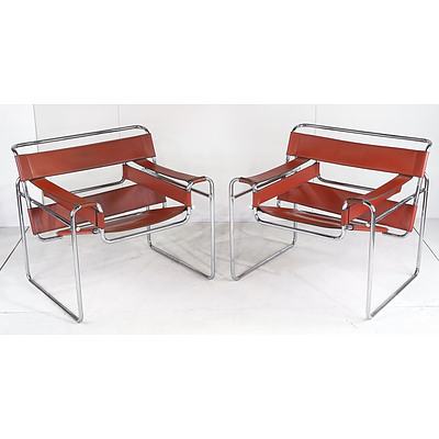 Pair of Vintage Marcel Breuer Design Tubular Steel and Tan Leather 'Wassily' Chairs, Made by Fasem Italy 1970's