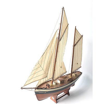 Wooden Model Schooner Rigged Ship on Wooden Stand