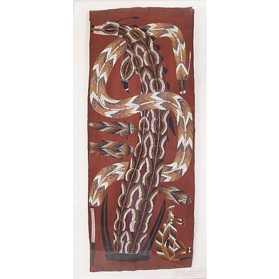 Djawida Nadjongorle (c.1943-2008) Rainbow Serpent and Ancestor Animals, Ochre on Bark