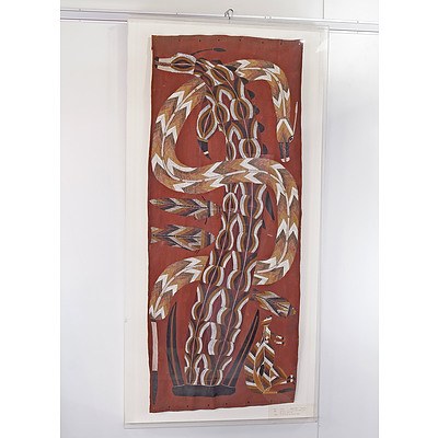 Djawida Nadjongorle (c.1943-2008) Rainbow Serpent and Ancestor Animals, Ochre on Bark