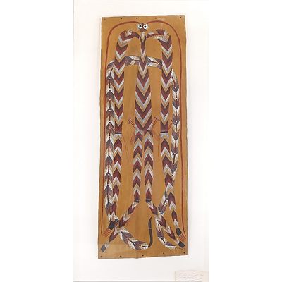 Djawida Nadjongorle (c.1943-2008) Nawura the Dreaming Man of Gudjekbinj as the Rainbow Serpent, the Creator of Seasons, Ochre on Bark