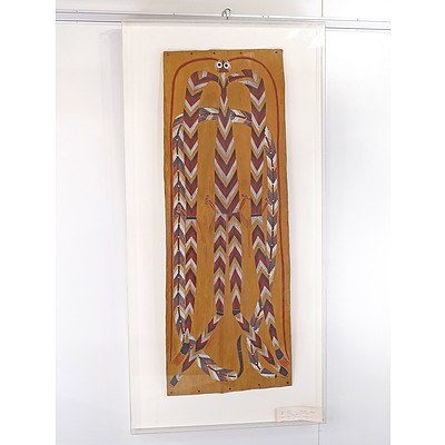 Djawida Nadjongorle (c.1943-2008) Nawura the Dreaming Man of Gudjekbinj as the Rainbow Serpent, the Creator of Seasons, Ochre on Bark