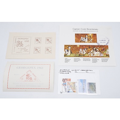 Group of Stamps and Stamp Sheets Including Georgepex Miniature Sheets, Captain Cook Bicentenary Miniature Sheets and More