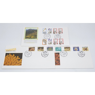 Two 1986 Australia Venomous Marine Life Series First Day Cover Stamps and 1988 Australia Wildflower First Day Cover Stamp