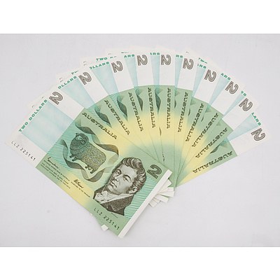 10x 1985 Australian Two Dollar Banknotes Consecutively Numbered - Uncirculated