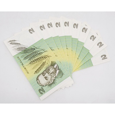 10x 1985 Australian Two Dollar Banknotes Consecutively Numbered - Uncirculated