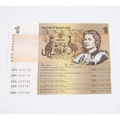 Five Australian Sequential $1.00 Banknotes Johnston/Stone