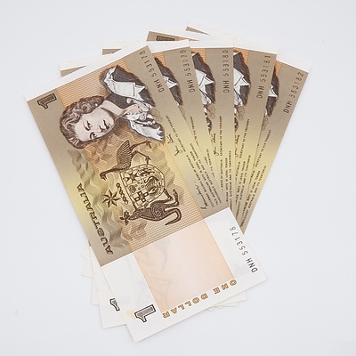 Five Australian Sequential $1.00 Banknotes Johnston/Stone