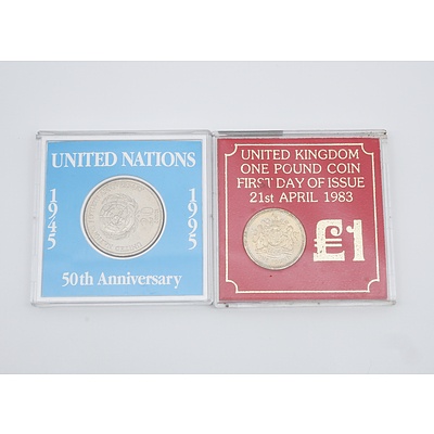 United Kingdom One Pound Coin First Day of Issue and United Nations 50th Anniversary 20 Cent Coin
