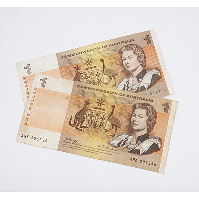 Two 1969 Australian $1.00 Banknotes Phillips/Randall