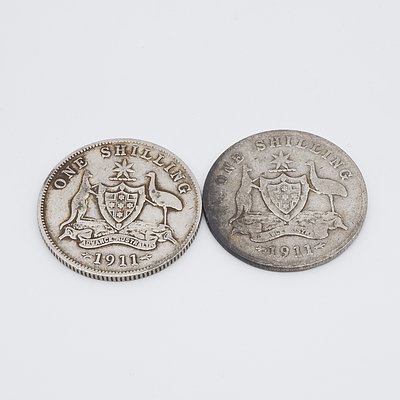Two 1911 Silver Australian One Shillings