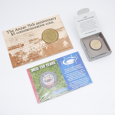 1990 ANZAC 75th Anniversary $5 Commemorative Coin, 1853-2003 MCG 150 Year Medallion and 2009 Master Mintmaker $1.00 Coin