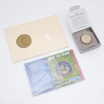 1990 ANZAC 75th Anniversary $5 Commemorative Coin, 1853-2003 MCG 150 Year Medallion and 2009 Master Mintmaker $1.00 Coin
