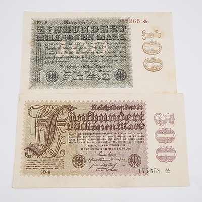 1923 Germany 100 and 500 Reichsbanknote - No Printing on Back
