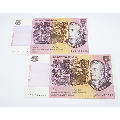 Two 1991 Australia Five Dollar Banknotes Fraser/Cole