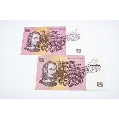 Two 1991 Australia Five Dollar Banknotes Fraser/Cole