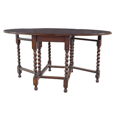 English Oak Jacobean Style Dropside Table with Barley Twist Legs Circa 1920