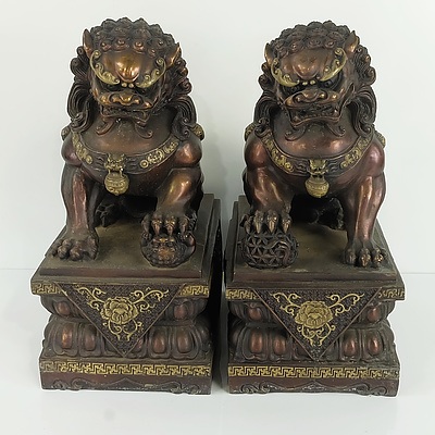 Pair of Chinese Buddhist Lion Temple Guardians, Bronze Patinated Cast Hollow Brass, Modern