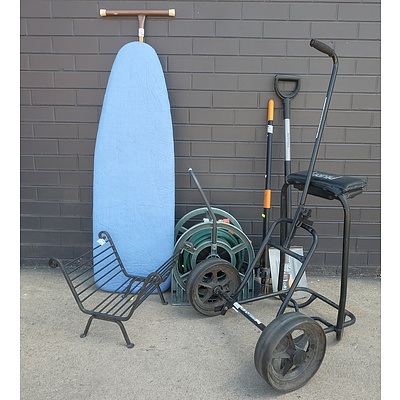 Assorted Group of Outdoor and Garden Equipment Including Ironing Board, Golf Caddy and More