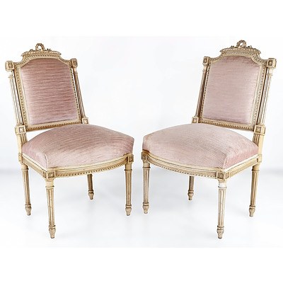 Pair of French Louis XVI Style Carved Beech and Ivory Painted Salon Chairs, Mid 20th Century