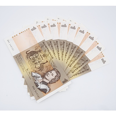 Ten Australian Uncirculated Sequential One Dollar Johnson/Stone Banknotes