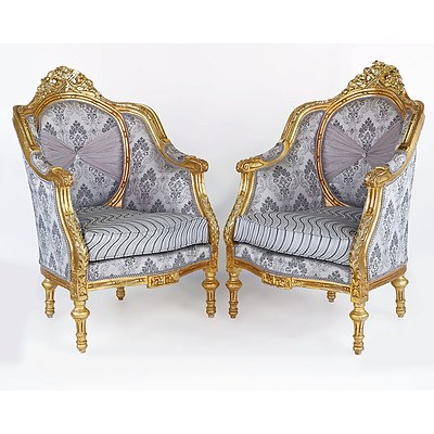 Absolutely Fabulous Louis Style Three Piece Carved Giltwood and Metal Thread Brocade Upholstered Lounge Suite Late 20th Century