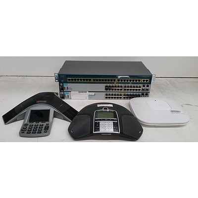 Bulk Lot of Assorted IT and Teleconferencing Equipment - Switches, Conference Phones and Dual-Band Access Points