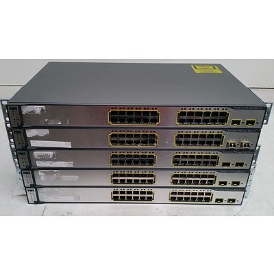 Cisco Catalyst (WS-C3750-24PS-S V03) 3750 Series PoE-24 24-Port Fast Ethernet Switches - Lot of Five