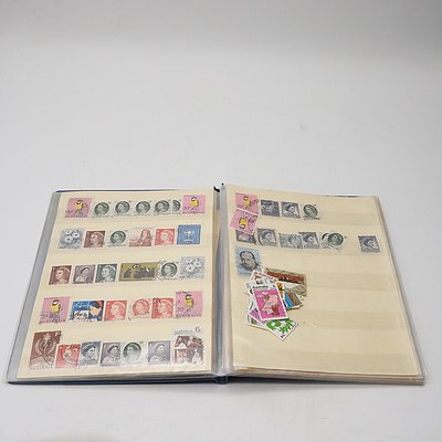 Four Stamp Albums with Various Australian and International Stamps, Including Australian King George V 2d Red, Colombo Plan 1951, Montreal 1976 Olympics and More