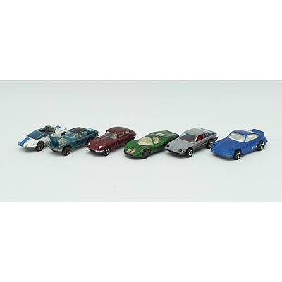 6 Hotwheels, Matchbox and Playart Toy Cars Including; Ford Group 6, Jaguar E-Type 2+2, Maserati Mistral, Jack 'Rabbit' Special, Omni 024 and Porsche Carrera