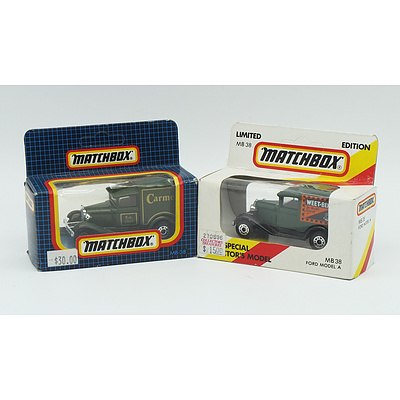 2 Boxed Ford Model A Trucks, One Carmelle Decal and One Weet-bix Decal Truck