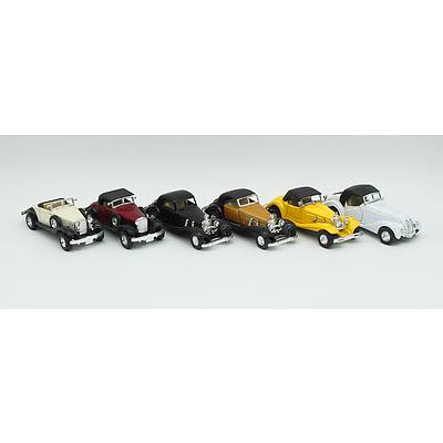 6 Medium Sized Pull back Motor Car Models With Opening Doors Including; Mercedes 500k and More