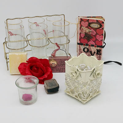 Assorted Lot of Mixed Items Including; 6 Glasses and Carrier, A Bar of Soap, Embroidered Hankie, Small Candle Holder, Note Book and More