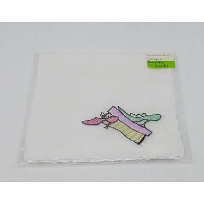 Assorted Lot of Mixed Items Including; 6 Glasses and Carrier, A Bar of Soap, Embroidered Hankie, Small Candle Holder, Note Book and More