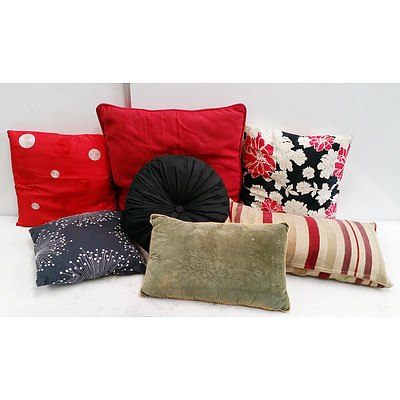 7 Decorative Pillows, Two Pillow Cases and a Fabric Suitcase